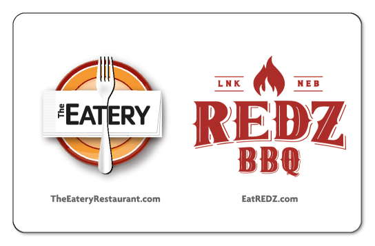 the eatery fork and plate logo next to the redz bbq text and fire logo on a white background